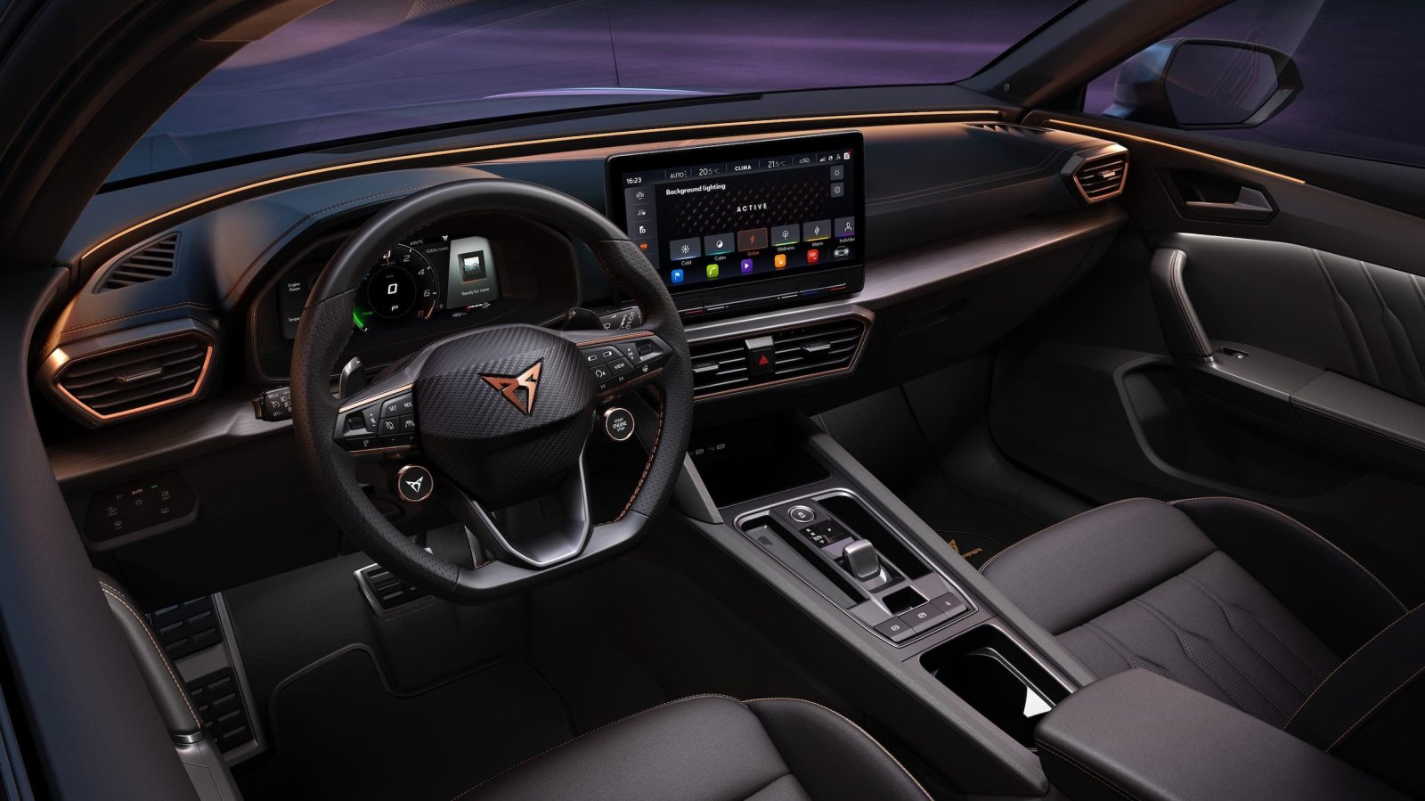 new-cupra-leon-5-door-ehybrid-compact-sports-car-interior-view-of-dashboard-with-leather-steering-wheel-and-ambient-light